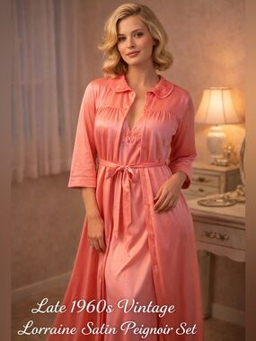 Vintage 1960s Lorraine Coral Pink Peignoir Set Robe Nightgown Small